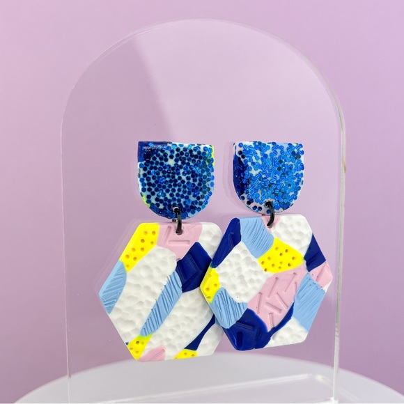 Jewelry - Abstract Textured Design Glitter Hexagon Dangle Handmade Clay Earrings
